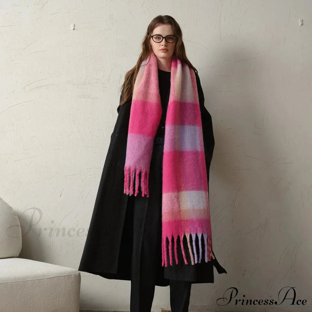 Minimalist Thickened Shawl Neck Scarf - Autumn Winter Imitation Cashmere Pink Red 231X42Cm Scarfs-L