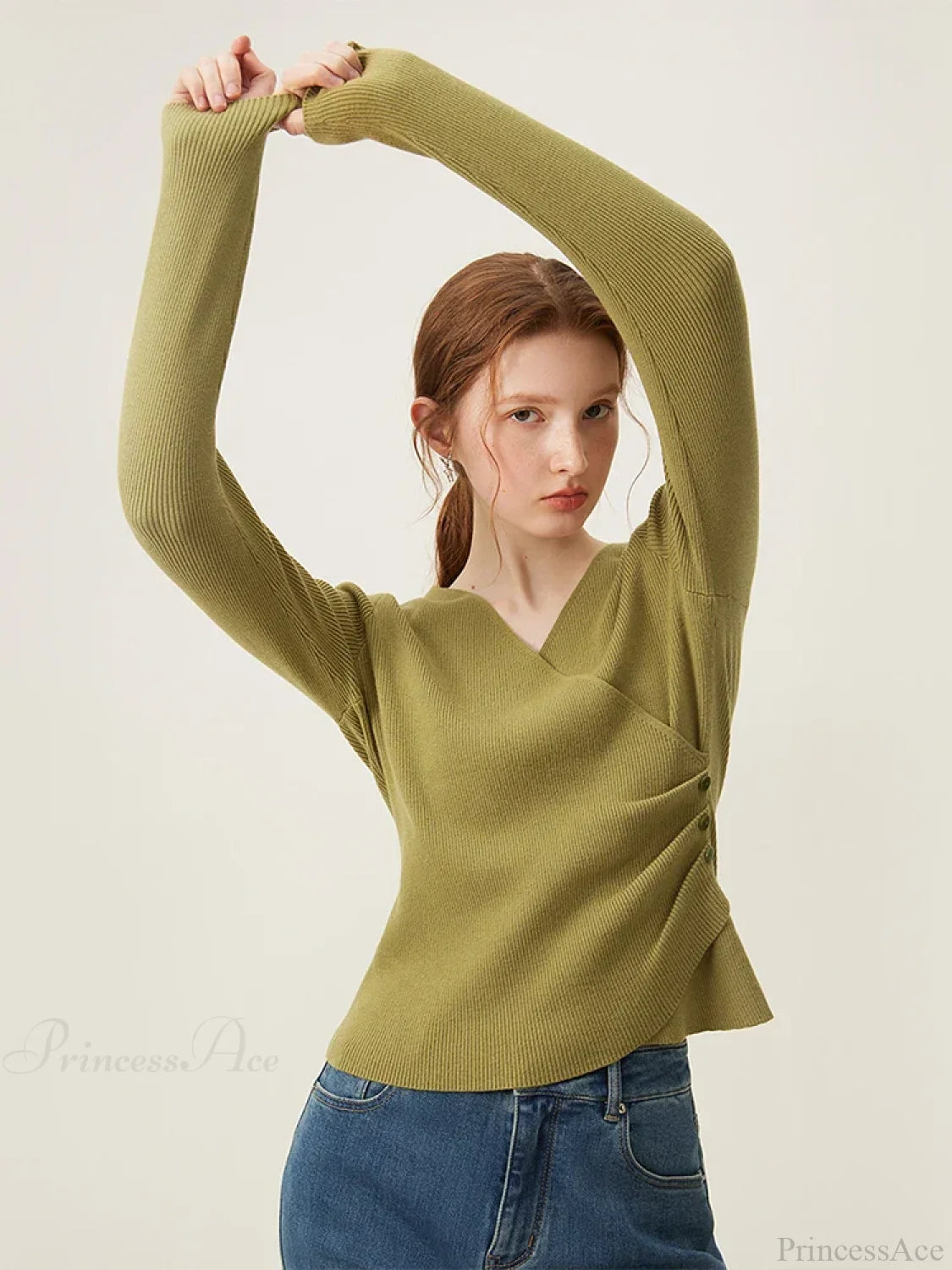 Minimalist V-neck Knit Bottom Sweater Sweater army green / S