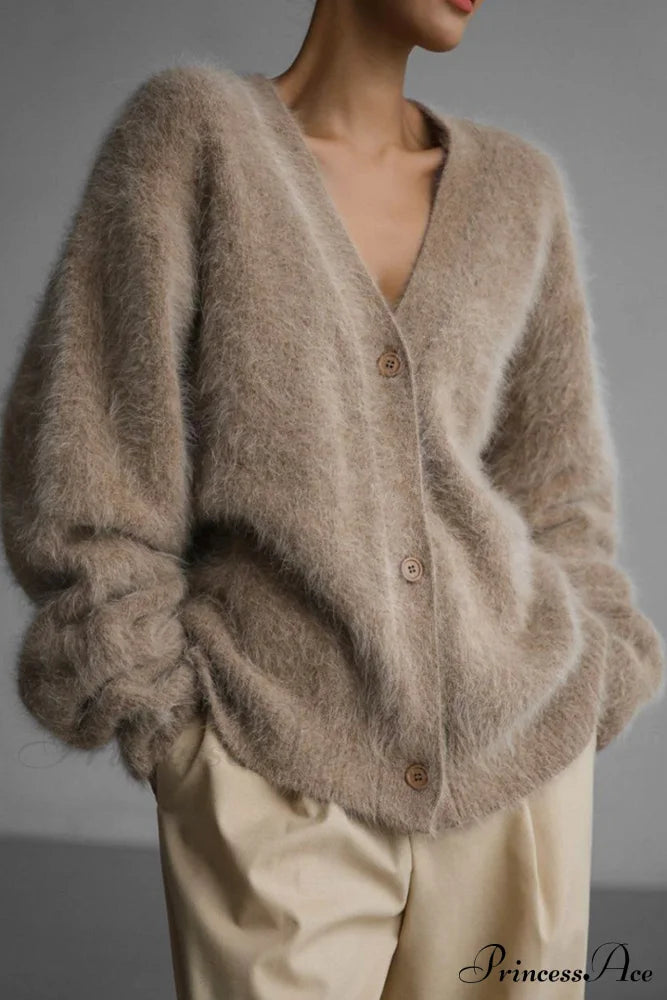 Mink Hair V Faux Neck Cardigan Khaki / S Cardigans