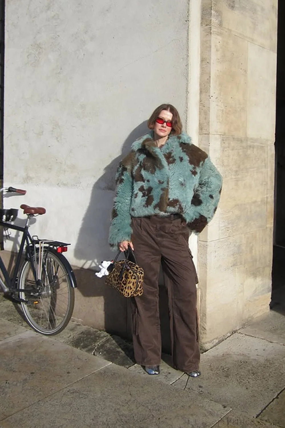 Mixed Color Printed Long Sleeve Cropped Faux Fur Coat