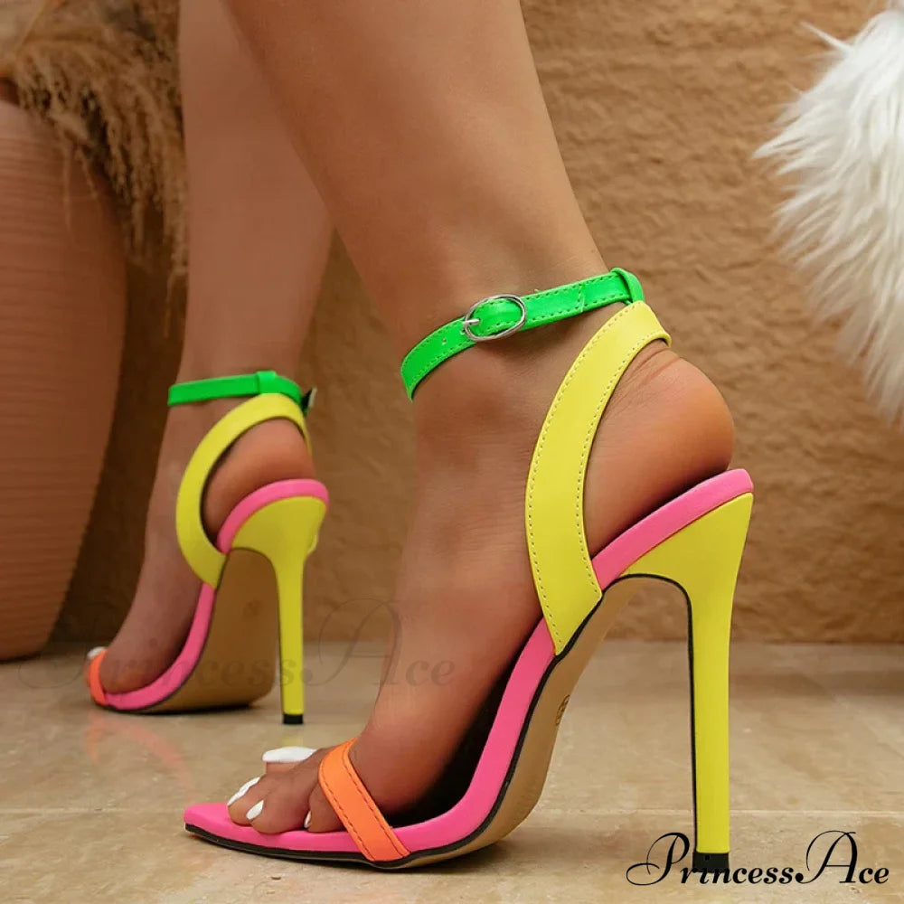 Mixed Colorful Sexy Stiletto Cozy Leather Pointed-Toe Buckle-Strap Summer Party Prom High Heel