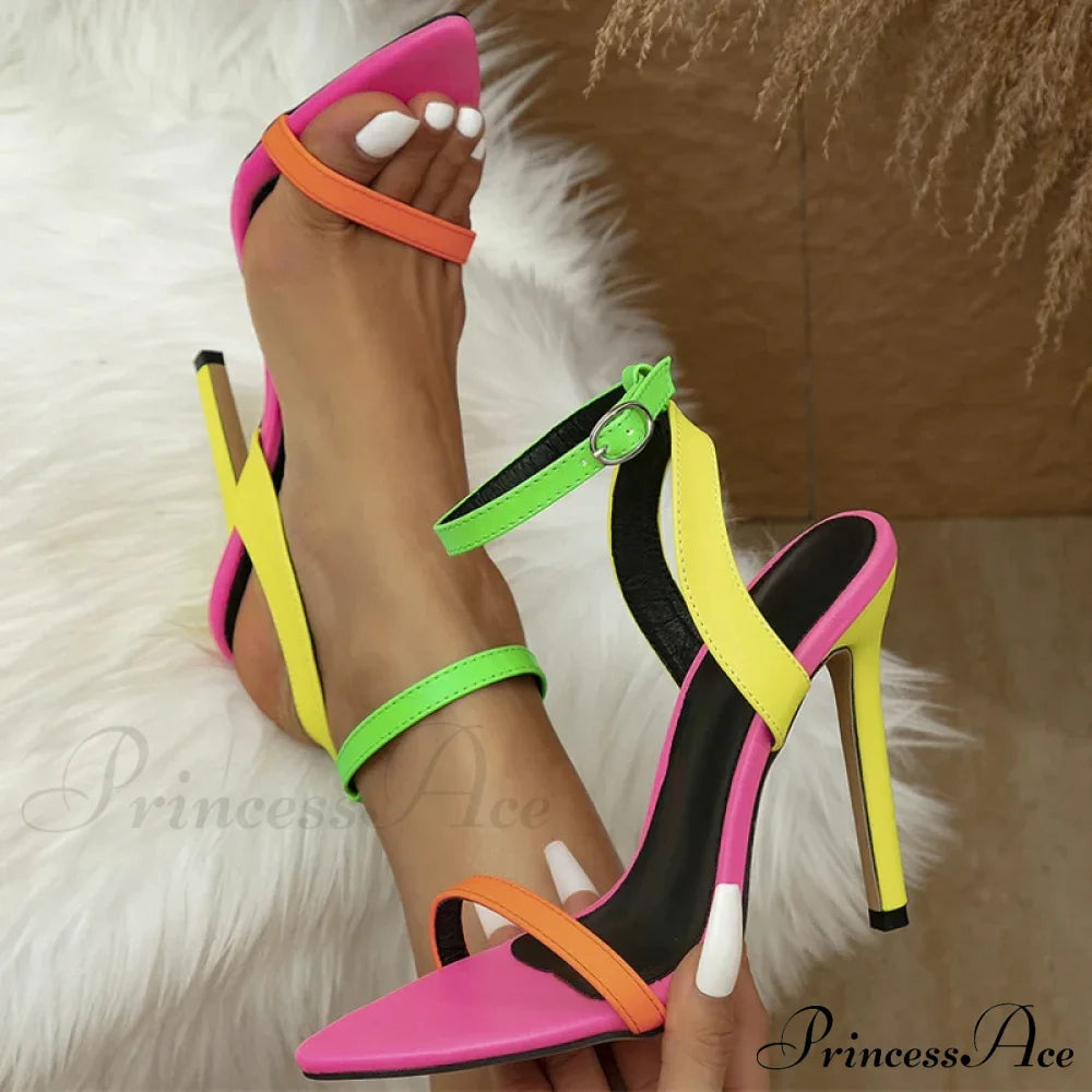 Mixed Colorful Sexy Stiletto Cozy Leather Pointed-Toe Buckle-Strap Summer Party Prom High Heel