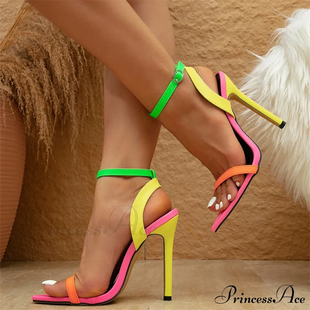 Mixed Colorful Sexy Stiletto Cozy Leather Pointed-Toe Buckle-Strap Summer Party Prom High Heel