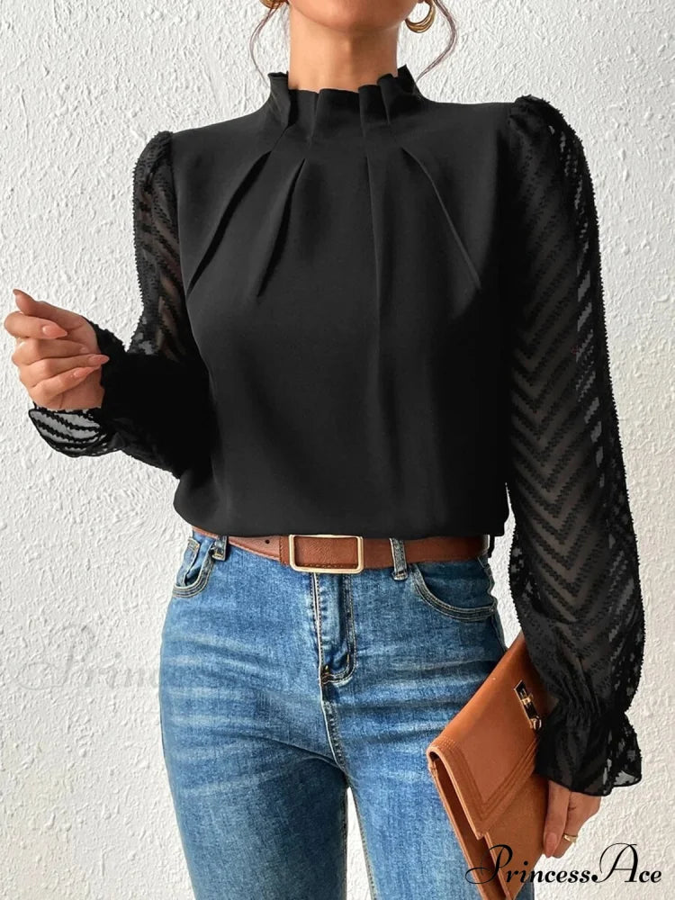 Mock Neck Flounce Fashionable Sheer Sleeve Blouse Black A@X@E blouse clothes long sleeve shirt long sleeve shirts long sleeve top long sleeve tops mock neck Ship From Overseas Shipping Delay 09/29/2023 - 10/04/2023 shirt shirts top tops trend