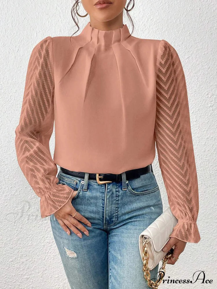 Mock Neck Flounce Fashionable Sheer Sleeve Blouse Burnt Coral A@X@E blouse clothes long sleeve shirt long sleeve shirts long sleeve top long sleeve tops mock neck Ship From Overseas Shipping Delay 09/29/2023 - 10/04/2023 shirt shirts top tops trend