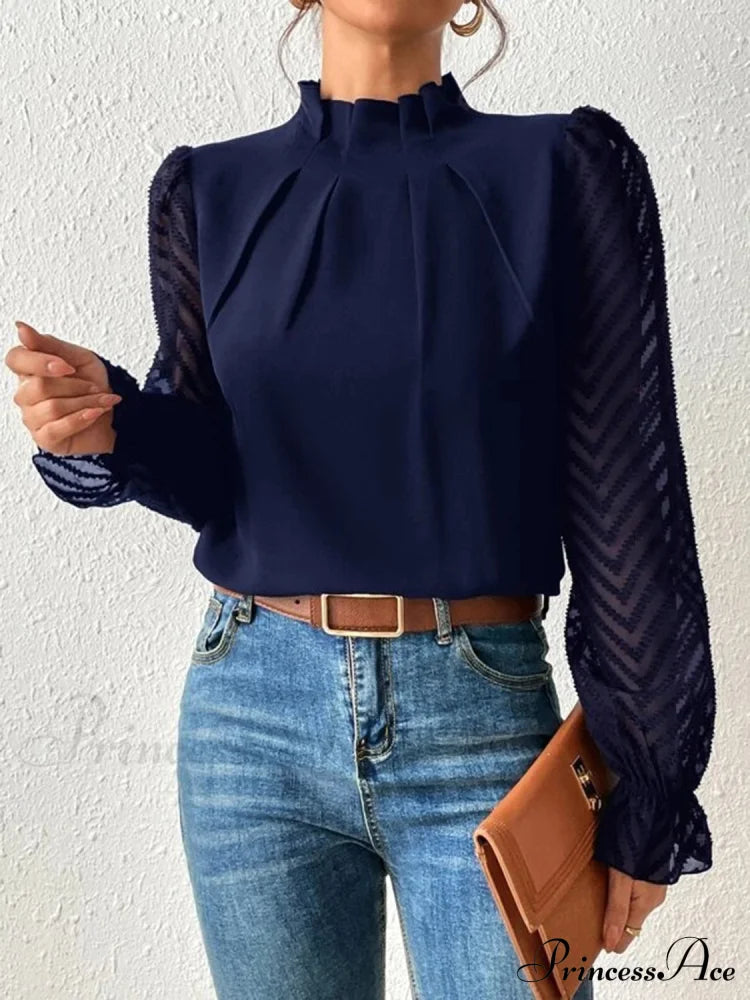 Mock Neck Flounce Fashionable Sheer Sleeve Blouse Navy A@X@E blouse clothes long sleeve shirt long sleeve shirts long sleeve top long sleeve tops mock neck Ship From Overseas Shipping Delay 09/29/2023 - 10/04/2023 shirt shirts top tops trend