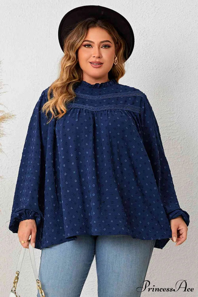 Plus Size Mock Neck Balloon Sleeve Blouse Navy clothes HS long sleeve shirts long sleeve top Ship From Overseas shirt shirts top tops