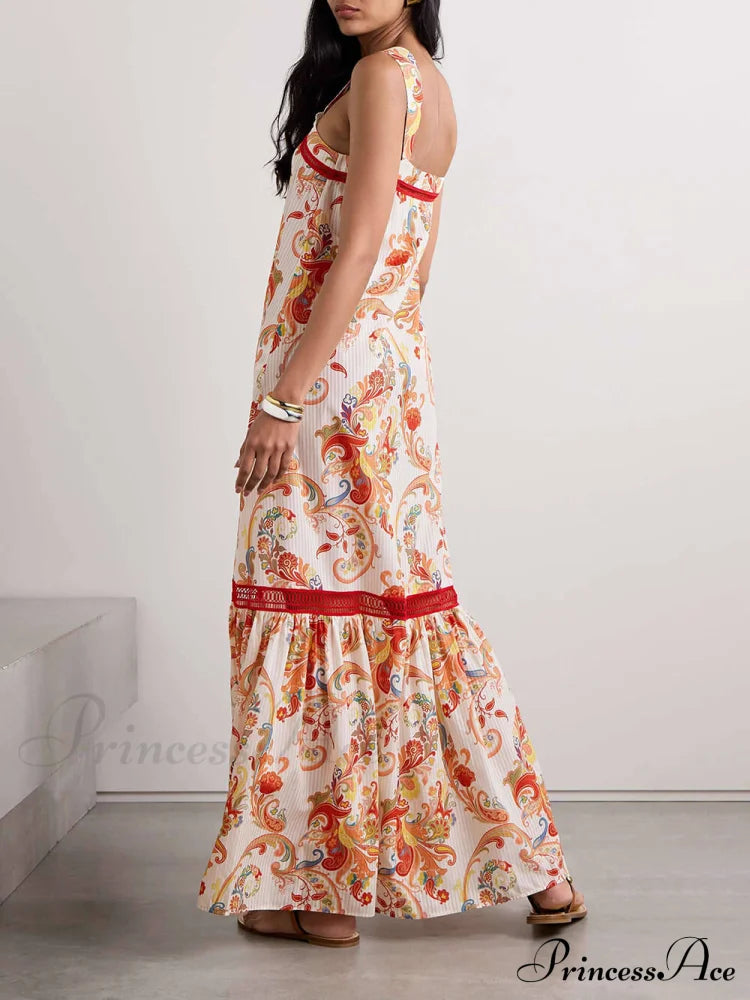 Modern Exquisite Paisley Crochet Graceful Trim Print Maxi Dress Dresses