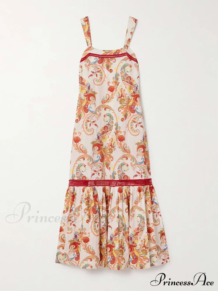 Modern Exquisite Paisley Crochet Graceful Trim Print Maxi Dress Dresses