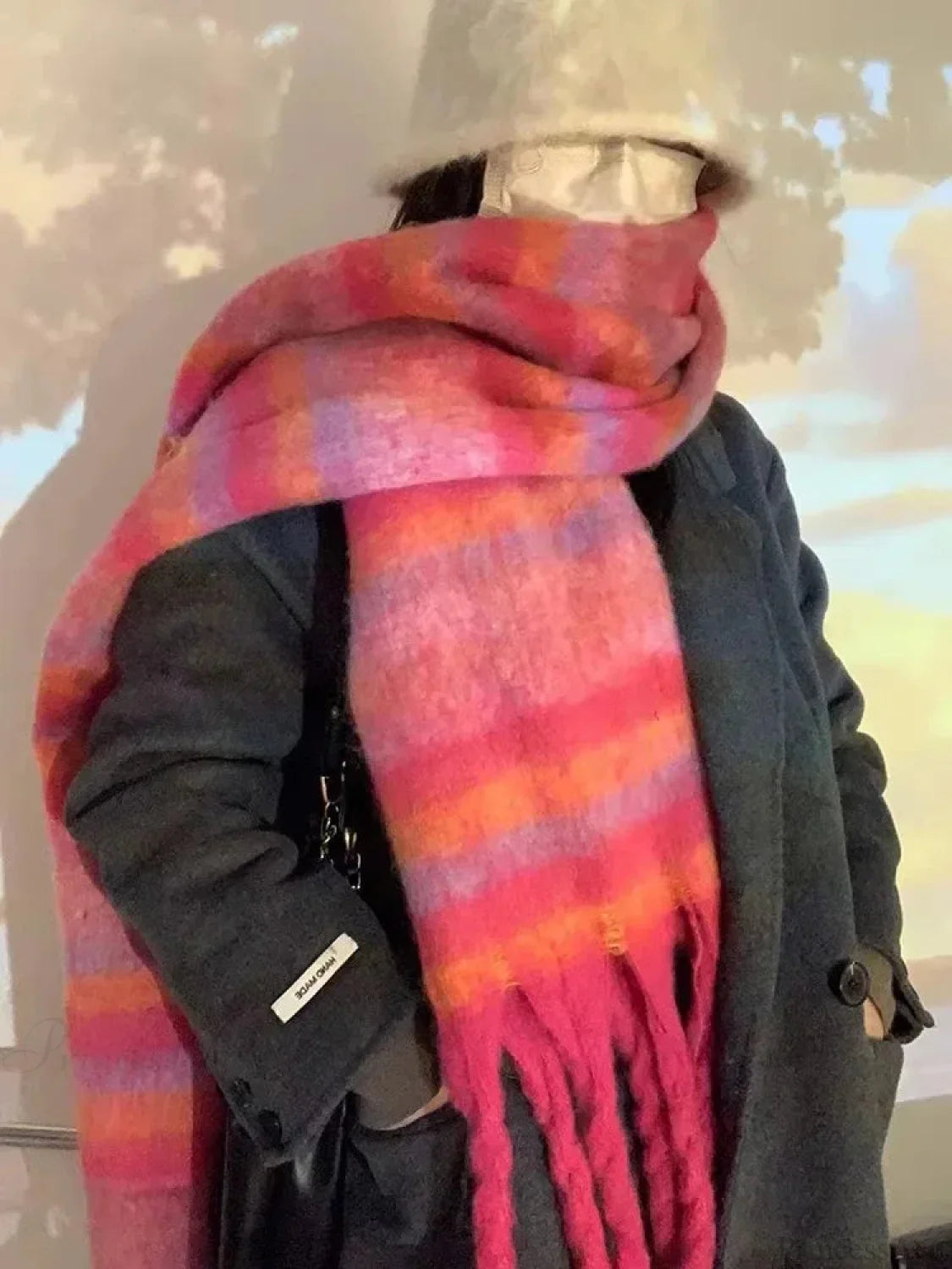 Mohair Winter Scarf - Solid Color Thickened Wool Fringed C Style Rose Red Scarfs-L