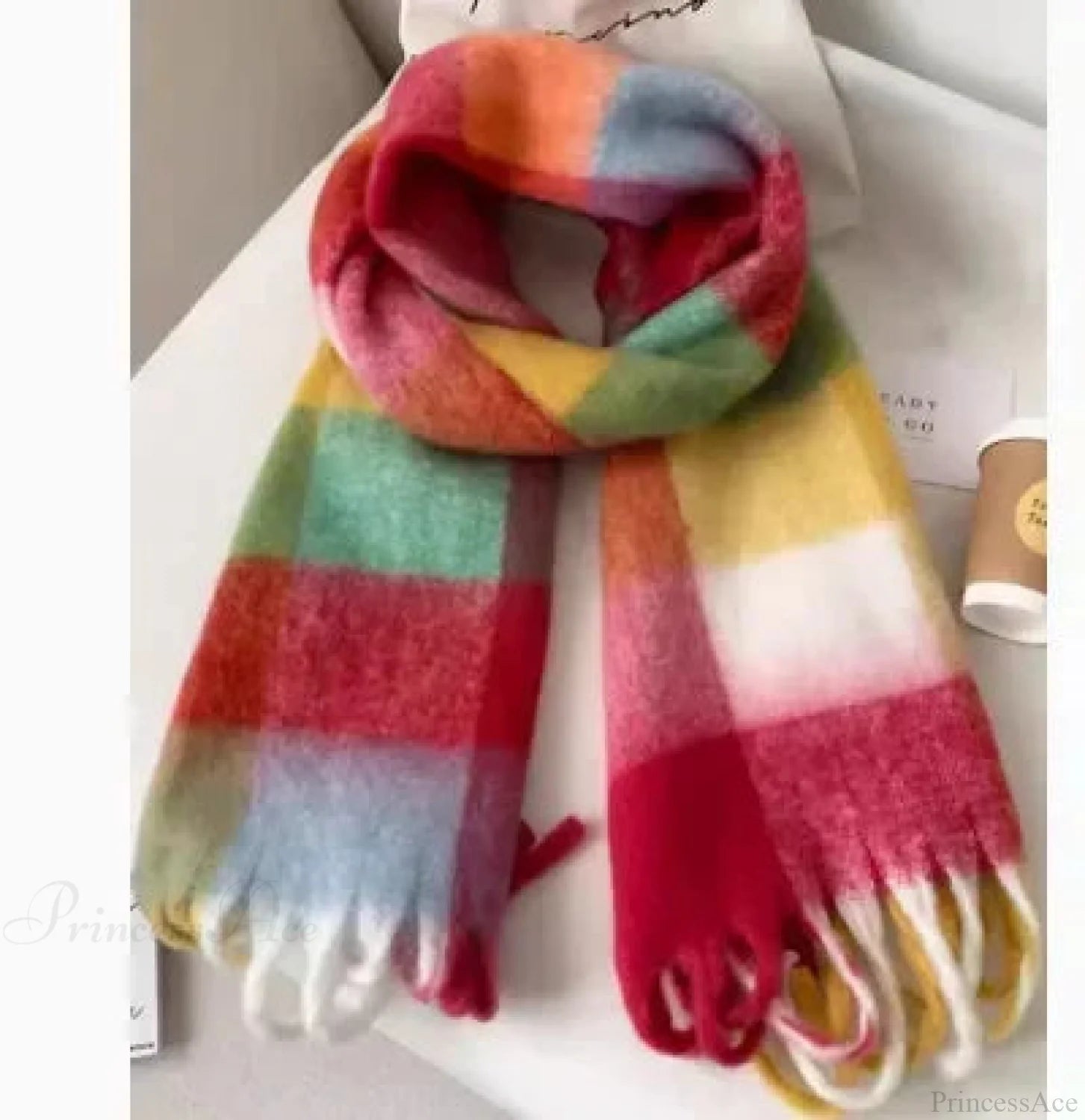 Mohair Winter Scarf - Solid Color Thickened Wool Fringed Red Grid Scarfs-L