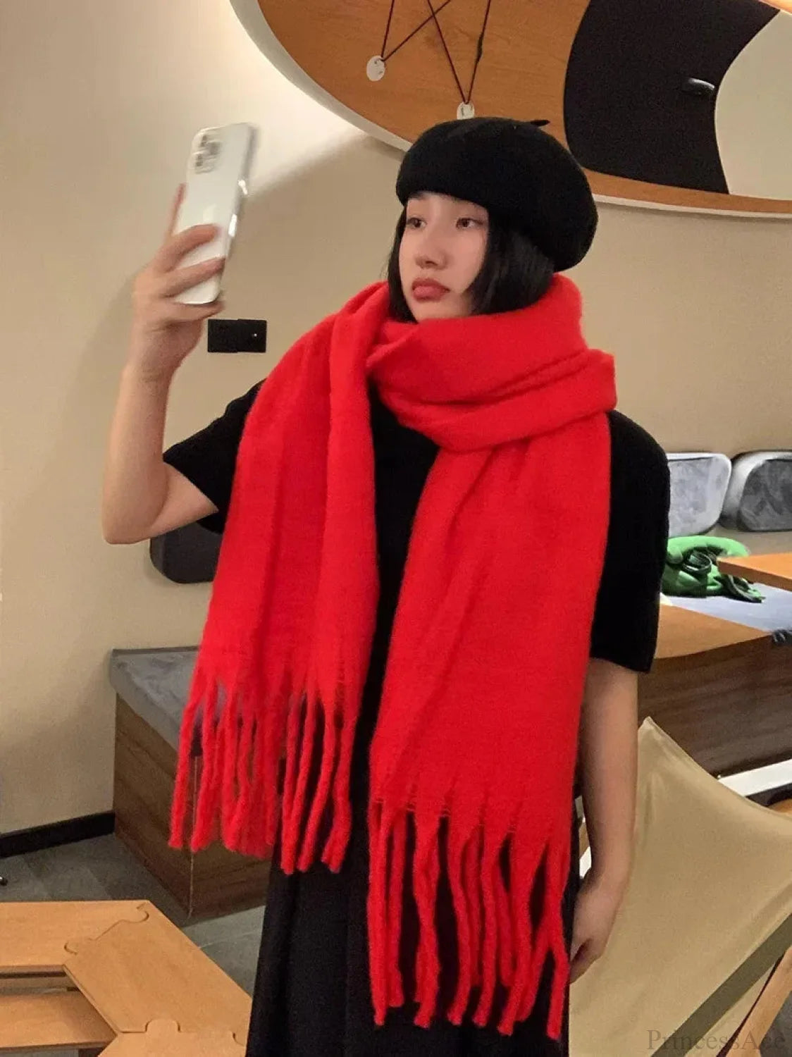 Mohair Winter Scarf - Solid Color Thickened Wool Fringed Red Scarfs-L