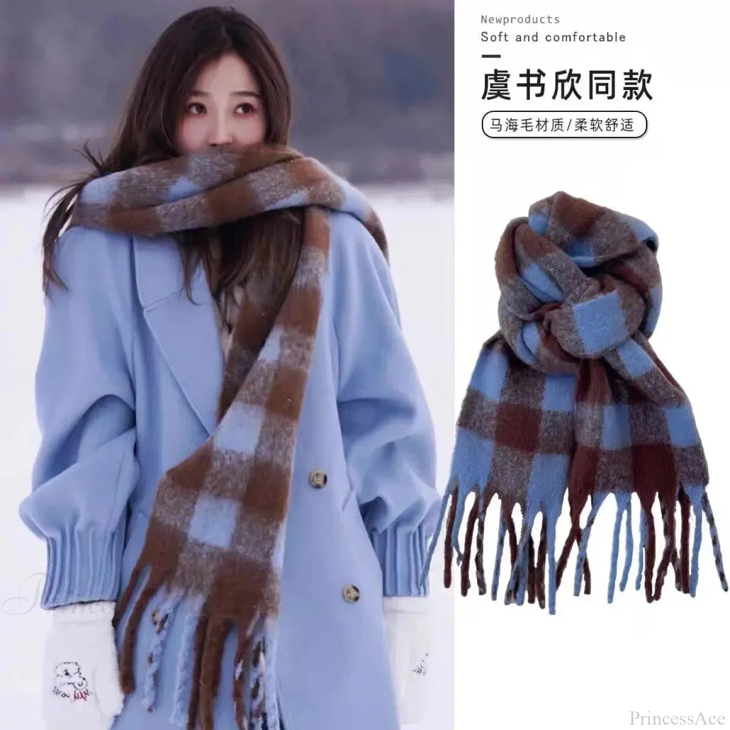 Mohair Winter Scarf - Solid Color Thickened Wool Fringed Same Style Blue Scarfs-L