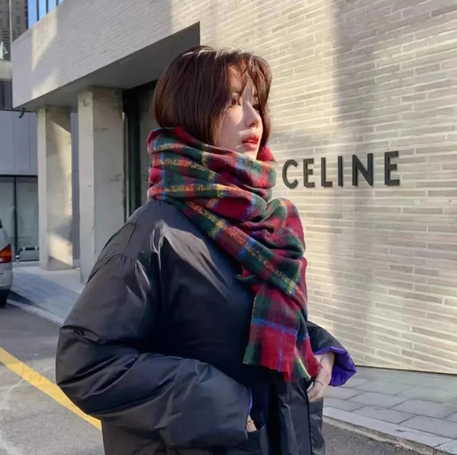 Mohair Winter Scarf - Solid Color Thickened Wool Fringed Watermelon Red Grid Scarfs-L