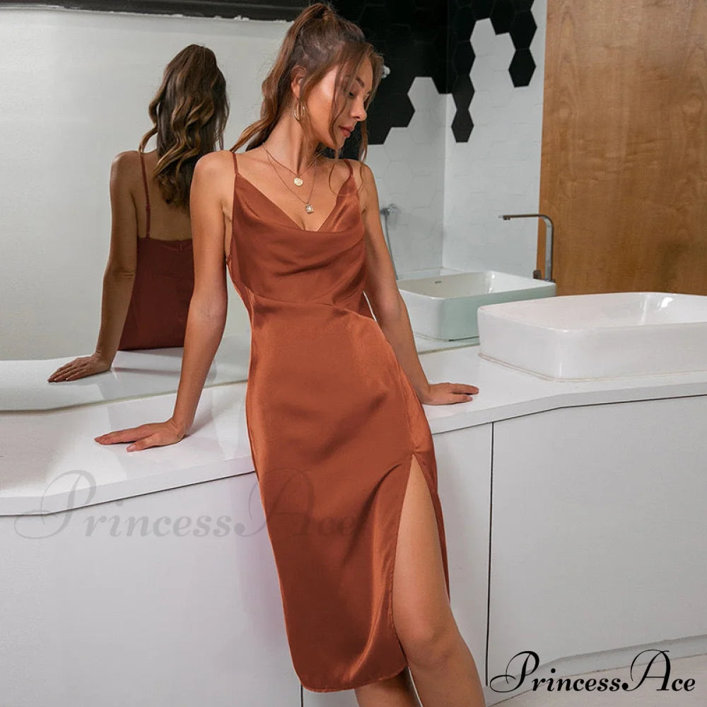 Moment Of Glam Charming Cowl Neck Midi Dress Brown / Xs Dressy Dresses