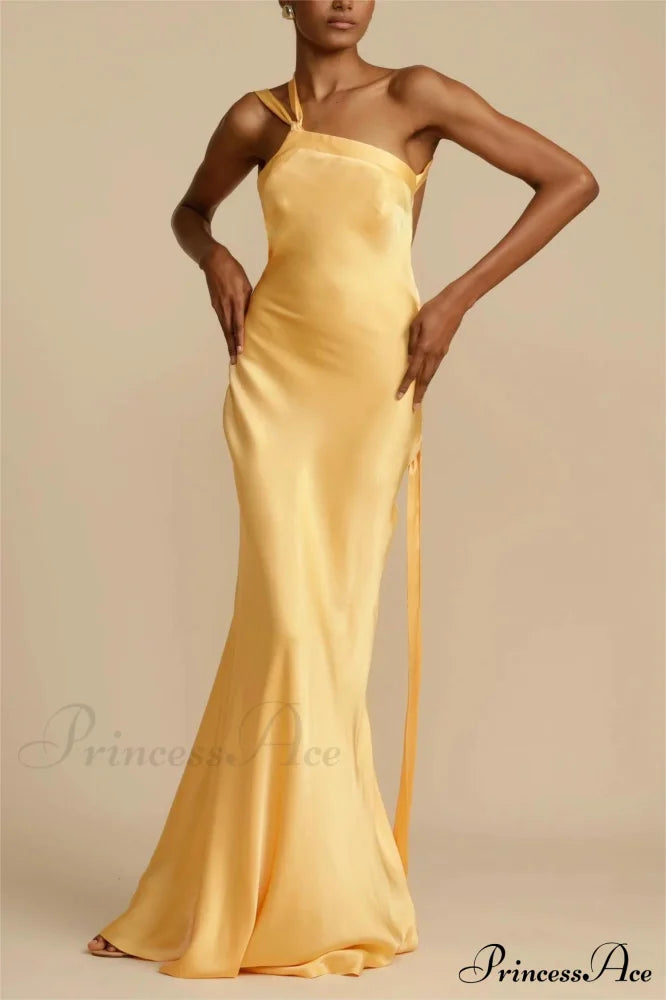 Moonlit Soiree Satin Asymmetrical One Trendy Shouder Backless Strap Maxi Dress Party Dresses-L