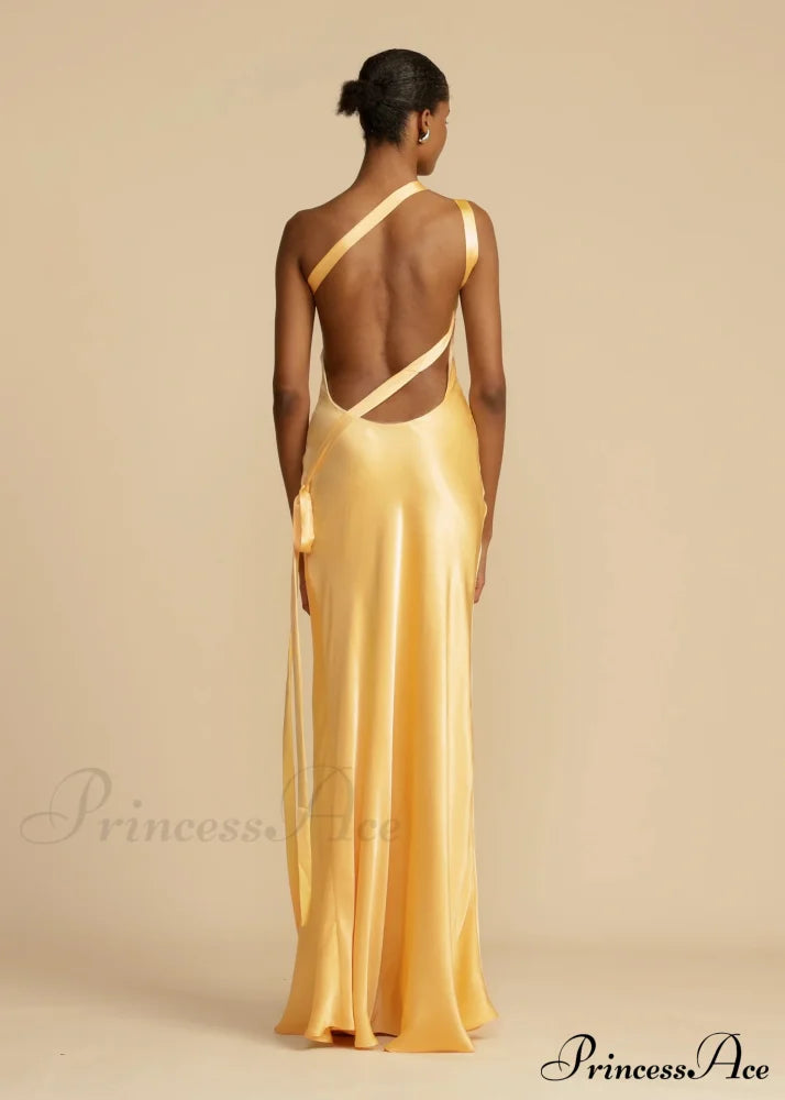 Moonlit Soiree Satin Asymmetrical One Trendy Shouder Backless Strap Maxi Dress Party Dresses-L