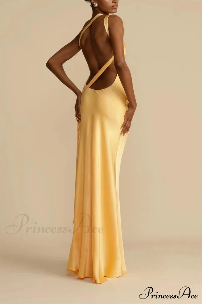 Moonlit Soiree Satin Asymmetrical One Trendy Shouder Backless Strap Maxi Dress Party Dresses-L