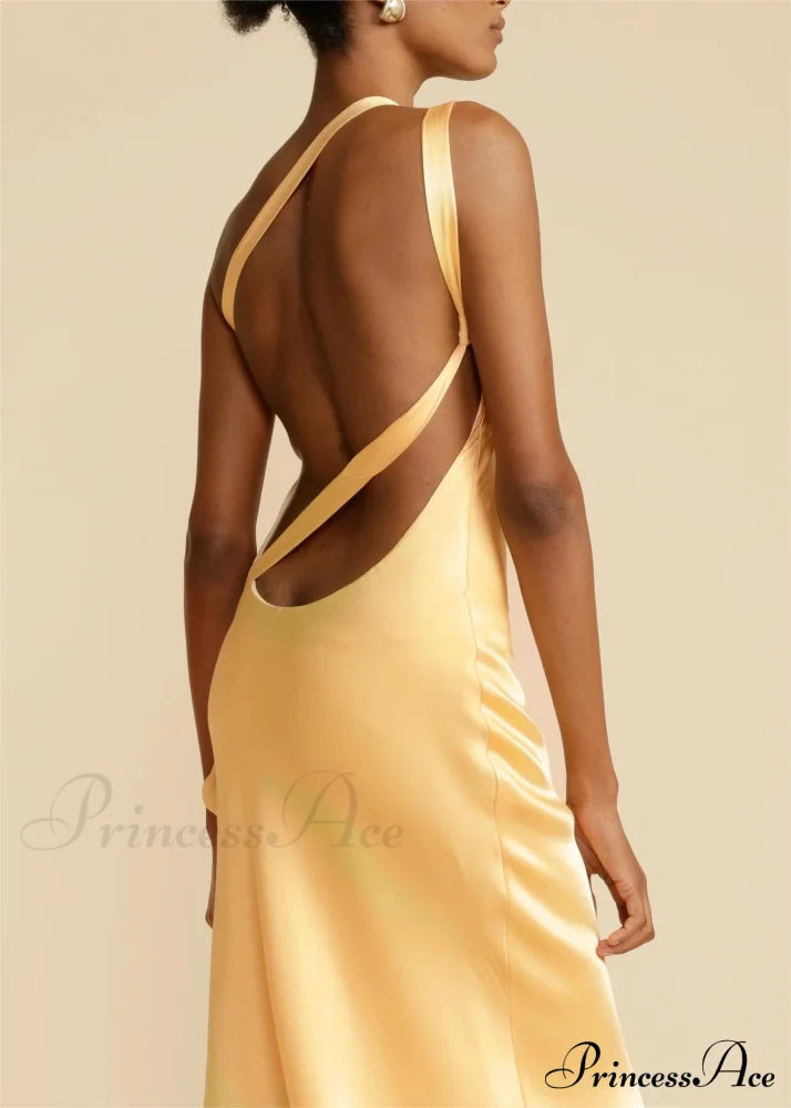 Moonlit Soiree Satin Asymmetrical One Trendy Shouder Backless Strap Maxi Dress Party Dresses-L