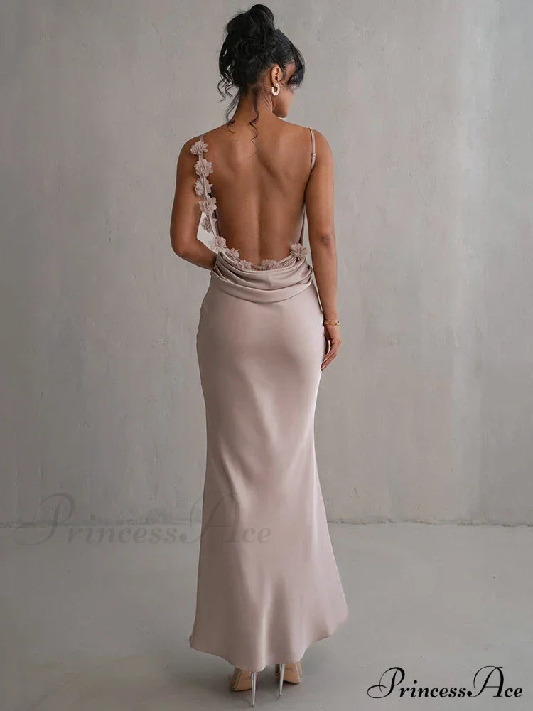 Mozision Floral Draped Backless Maxi Long Dress For Women Fashion Christmas Party Apricot / S