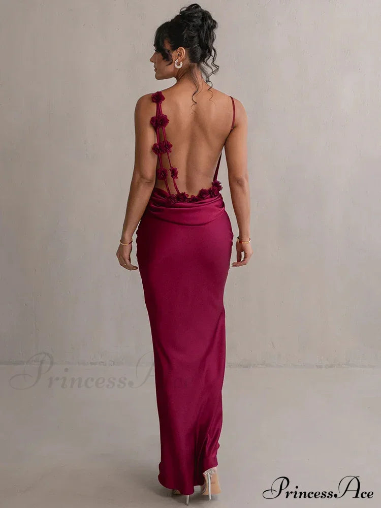 Mozision Floral Draped Backless Maxi Long Dress For Women Fashion Christmas Party Wine Red / S