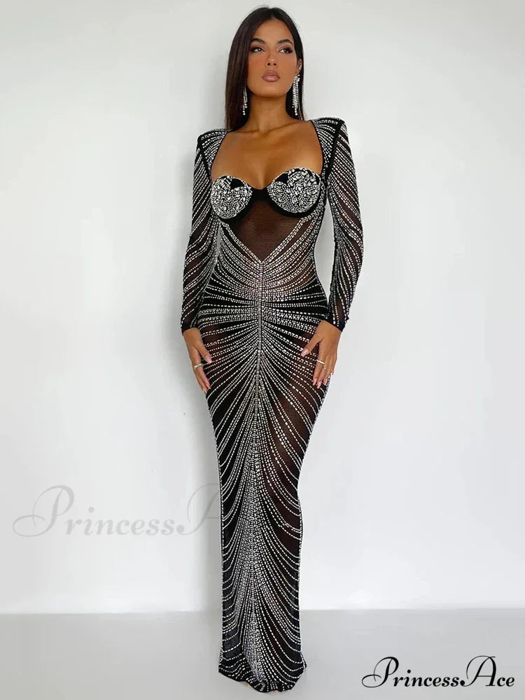 Mozision Glitter Mesh See Through Party Maxi Dress For Women Christmas Dresses-L