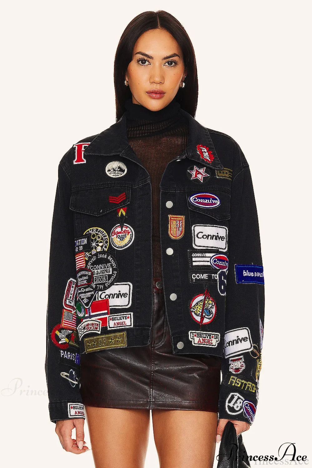 Multi Badge Denim Collared Coat Black / S