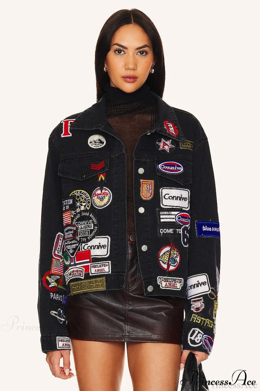 Multi Badge Denim Collared Coat Black / S