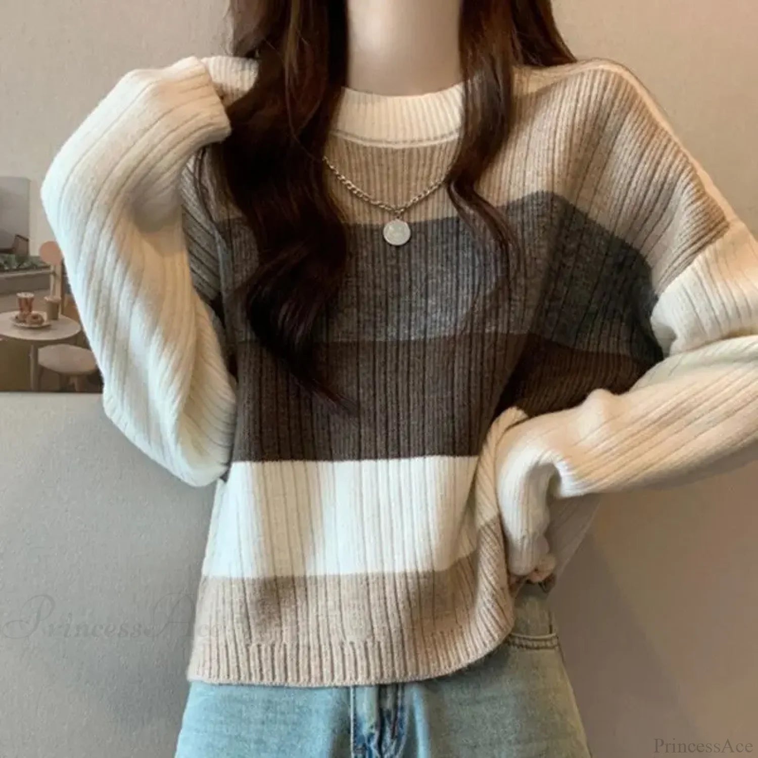 Multi-Color Splicing Lazy Style Slimming Sweater White / S