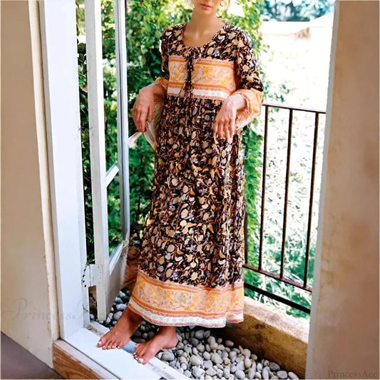 Multi Floral Print Tie Neck Tassel Vintage Bohemian Maxi Dress BLACK / S bohodress-250126