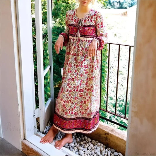 Multi Floral Print Tie Neck Tassel Vintage Bohemian Maxi Dress WHITE / S bohodress-250126