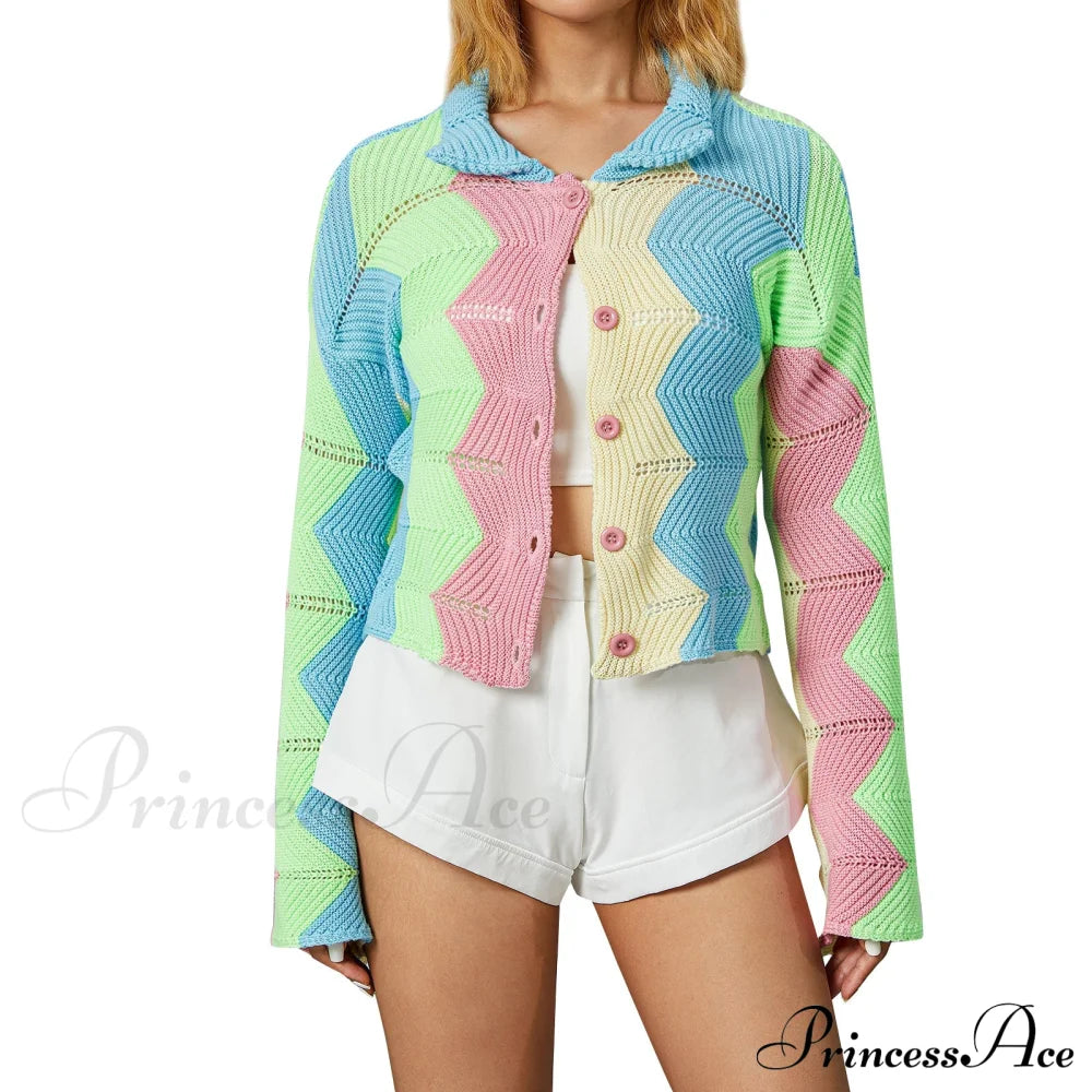 Multicolor Patchwork Sweet Girl Cardigan Blue / S