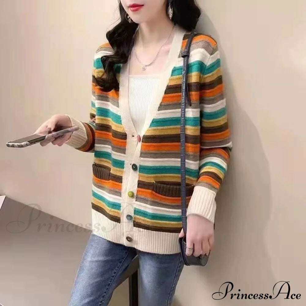 Multicolor Stripped Print Cardigan 01 Blue / S