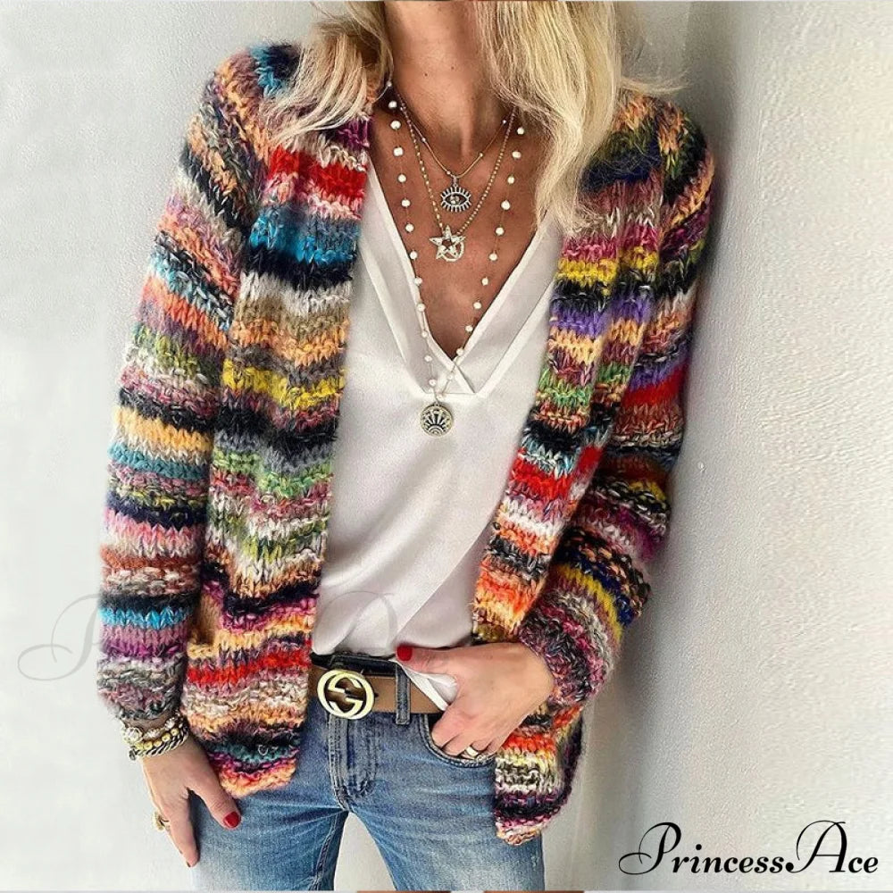 Multicolor Stripped Print Cardigan 01 Red / S