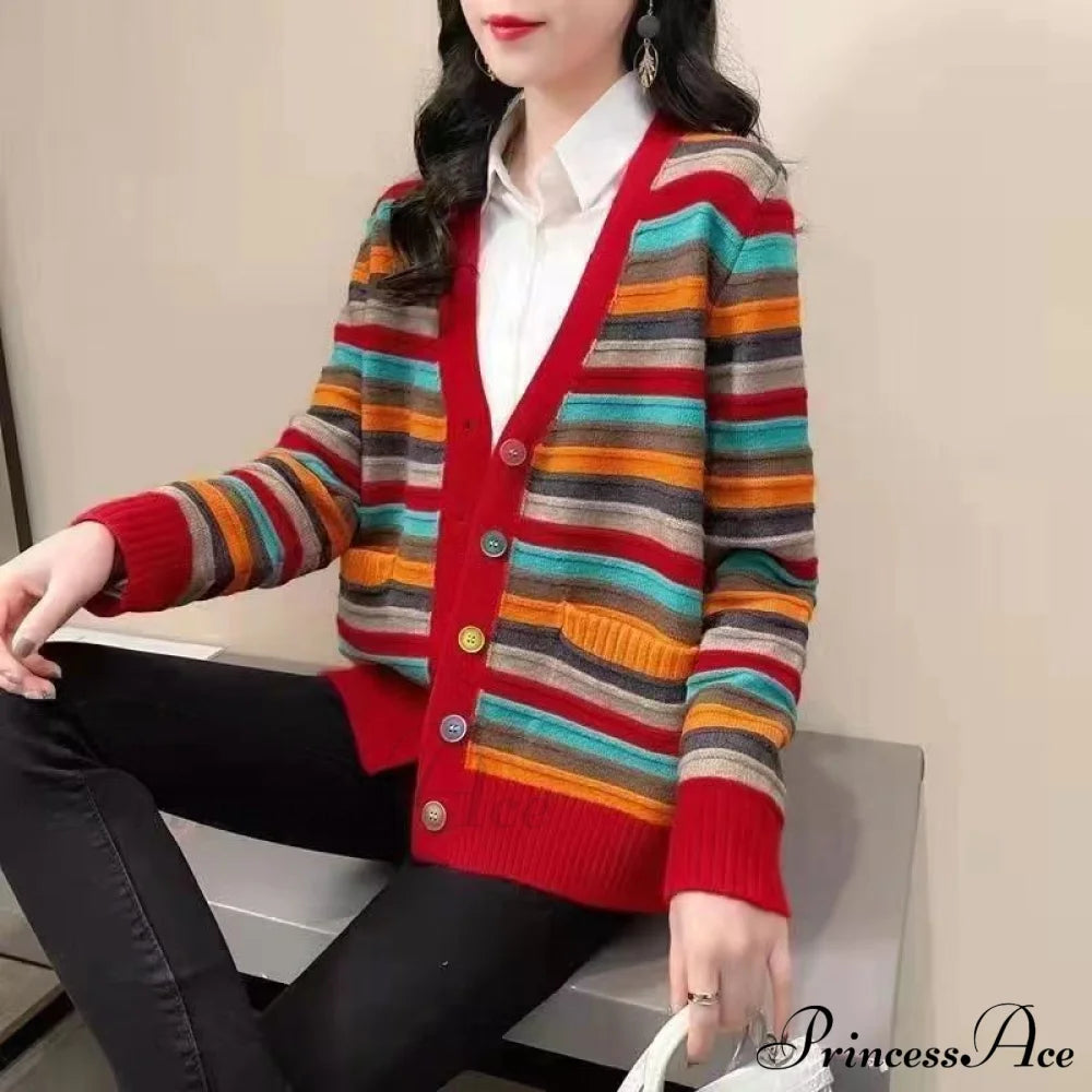 Multicolor Stripped Print Cardigan 02 Red / S