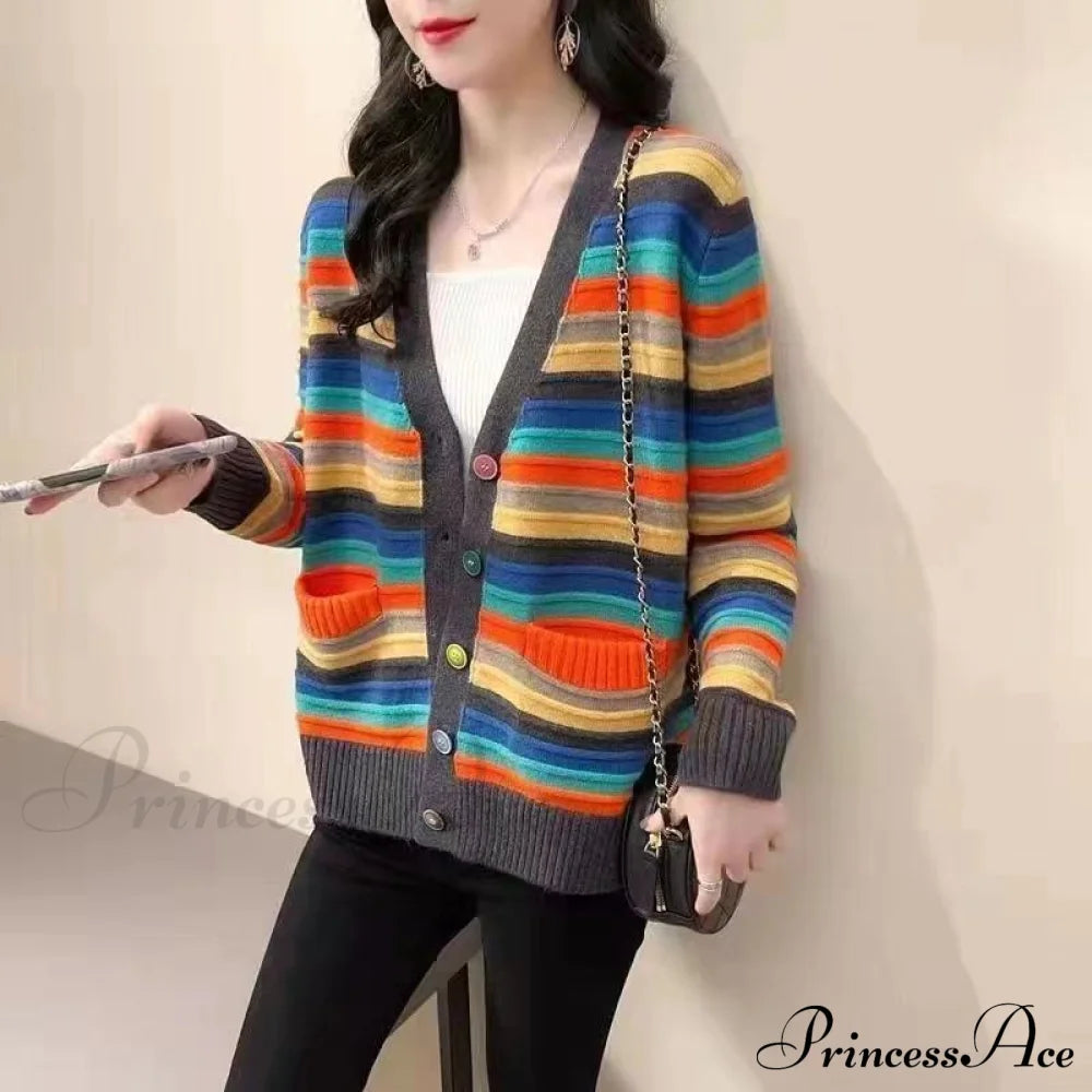 Multicolor Stripped Print Cardigan 03 Blue / S