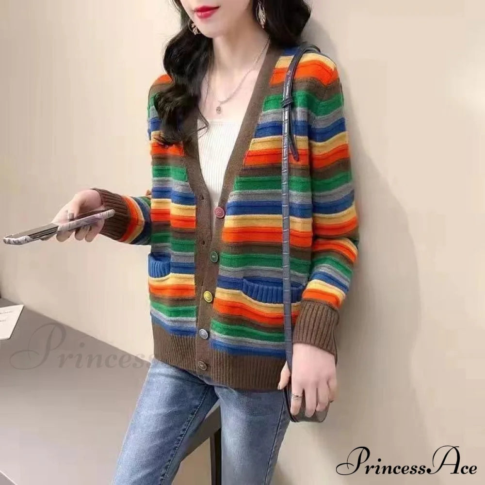 Multicolor Stripped Print Cardigan 03 Red / S