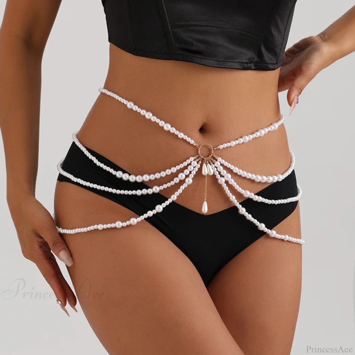 Multilayer Gothic Pearl Waist Chain Belt white