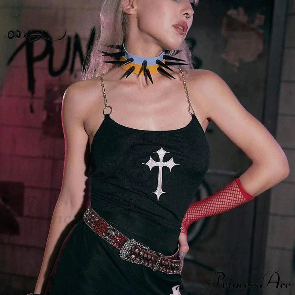 Mysterious Sexy Chain Black Cross Print Crop Top Halloween