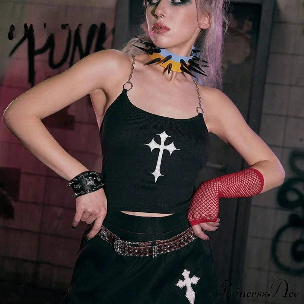 Mysterious Sexy Chain Black Cross Print Crop Top Halloween