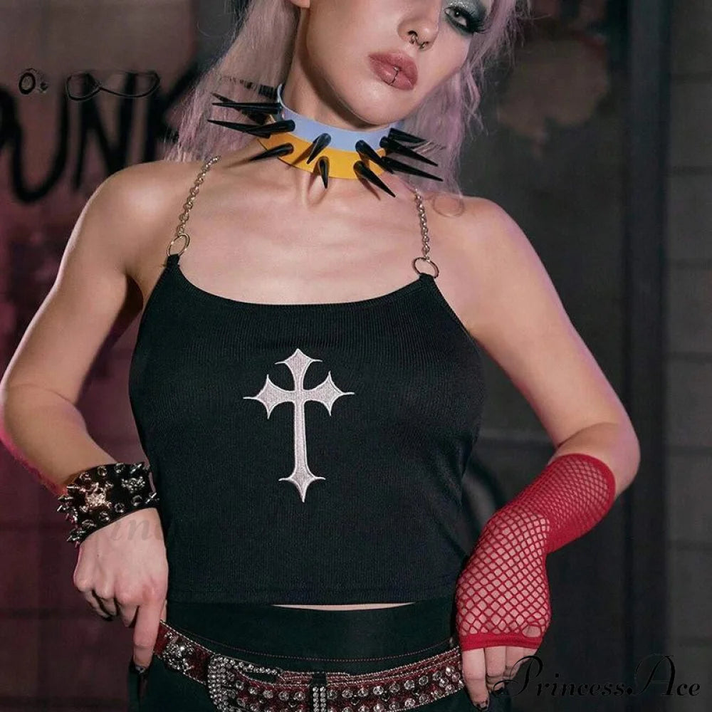 Mysterious Sexy Chain Black Cross Print Crop Top Halloween