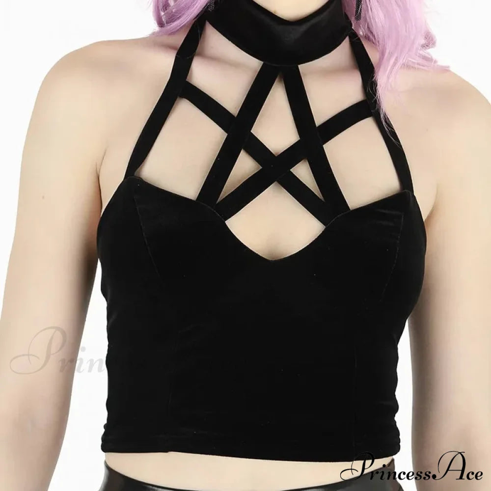 Mysterious Sexy Cross Gothic Casual Hollow Out Summer Crop Top Black / S Halloween