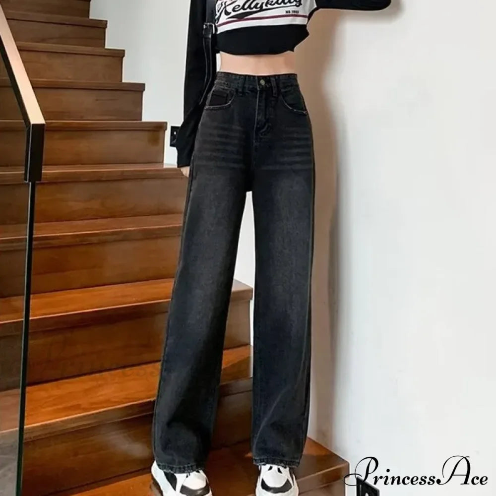 Natural Waist New Button Minimalist Trendy Summer Ins Wash Long Harajuku Wide Leg Black Jean