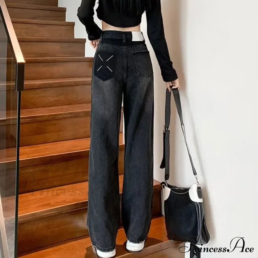 Natural Waist New Button Minimalist Trendy Summer Ins Wash Long Harajuku Wide Leg Black Jean