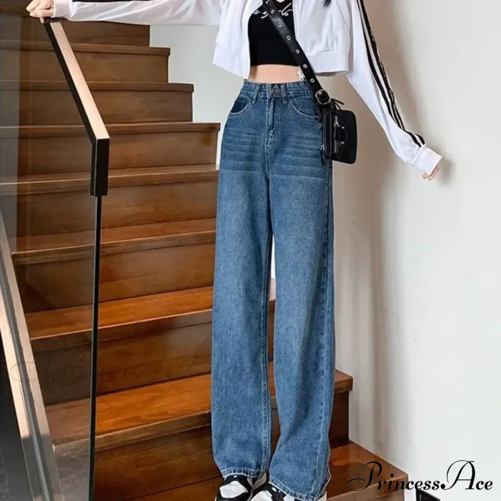 Natural Waist New Button Minimalist Trendy Summer Ins Wash Long Harajuku Wide Leg Black Jean