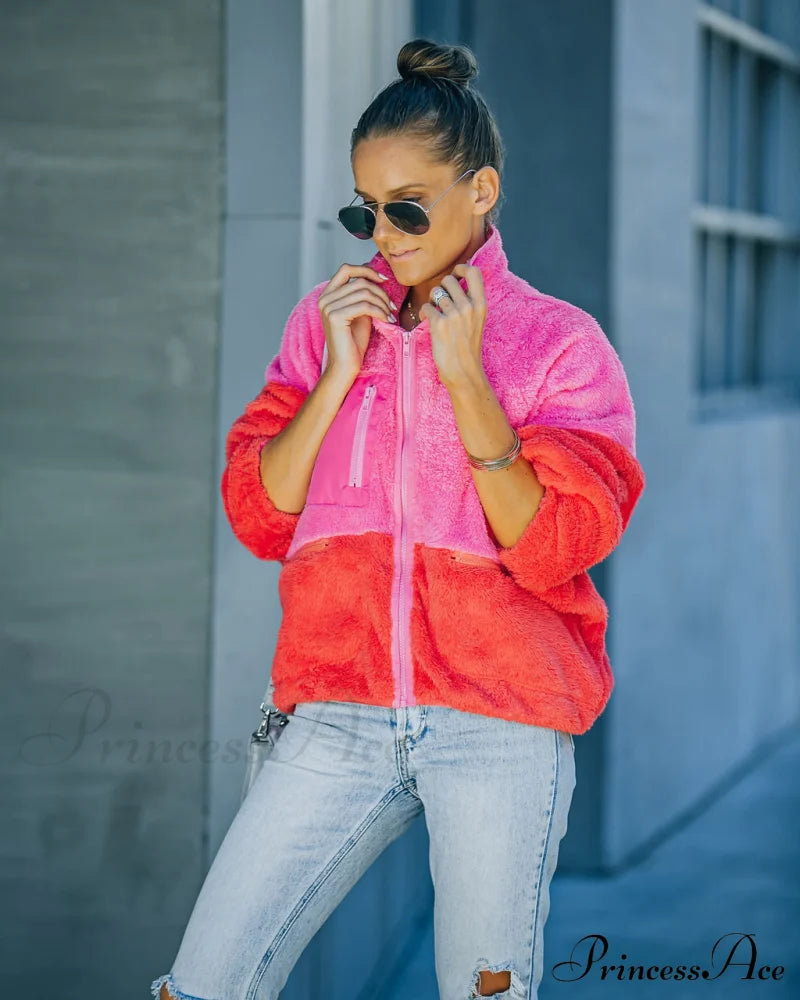 Nava Pink Colorblock Zip Up Jacket With Pockets Coats-L