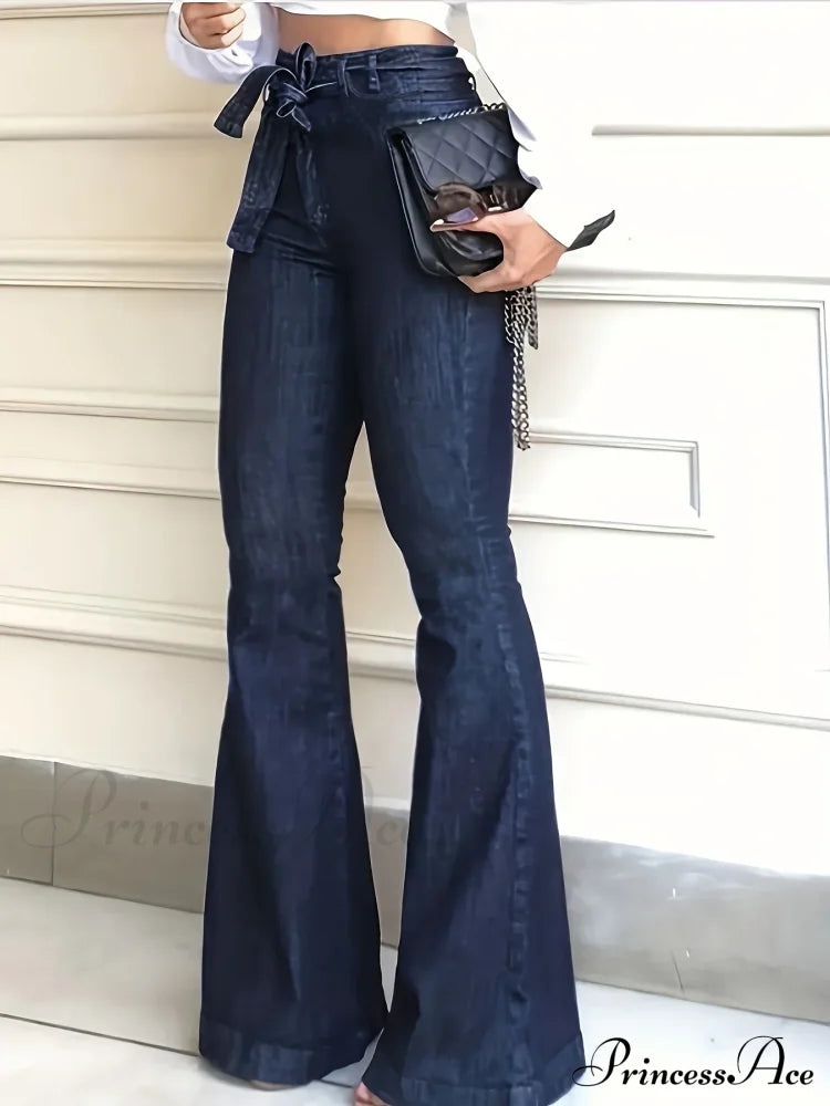 Navy Blue Flared Autumn High-Stretch With Waistband Bell Bottom Wide Legs Denim Jean