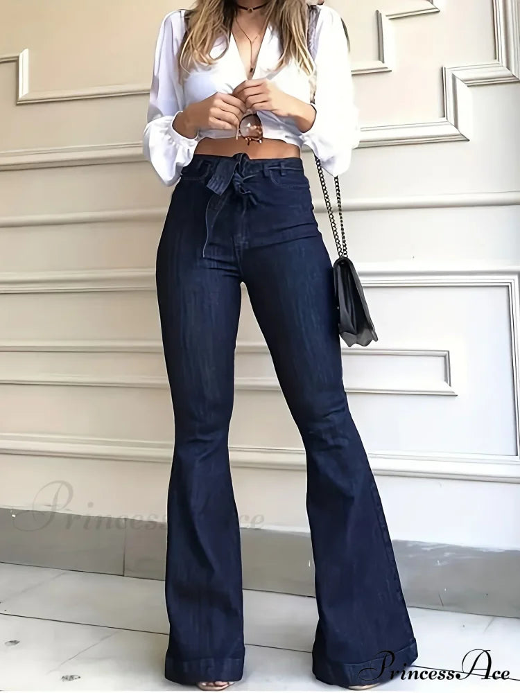 Navy Blue Flared Autumn High-Stretch With Waistband Bell Bottom Wide Legs Denim Jean