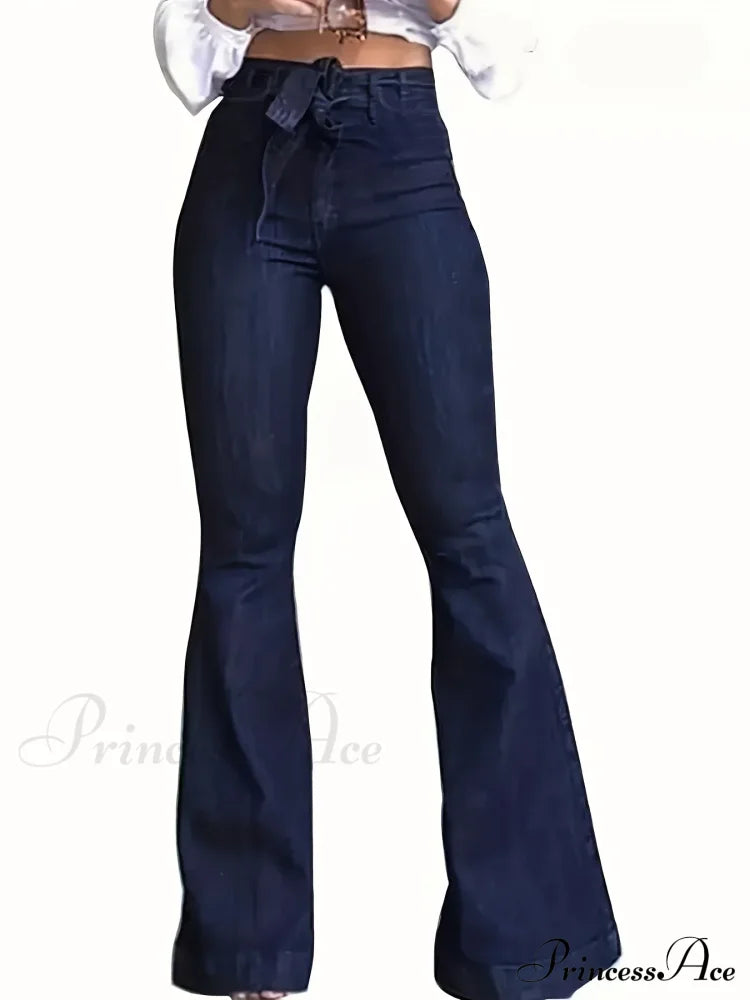 Navy Blue Flared Autumn High-Stretch With Waistband Bell Bottom Wide Legs Denim Jean