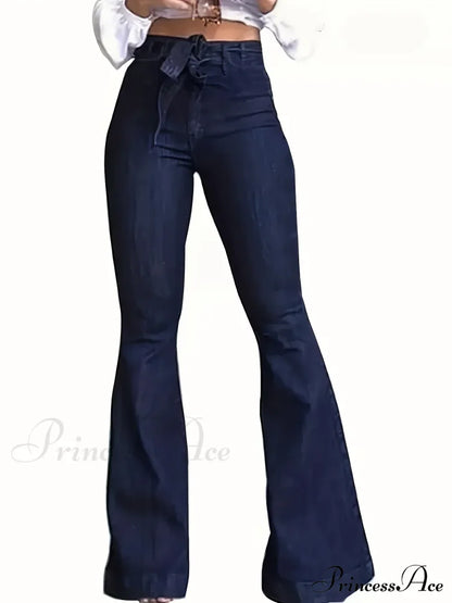 Navy Blue Flared Autumn High-Stretch With Waistband Bell Bottom Wide Legs Denim Jean